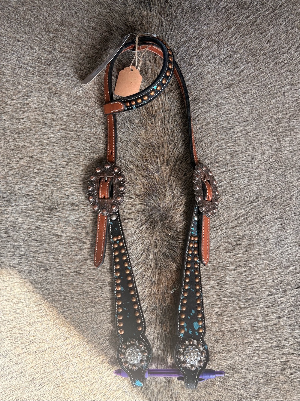 Western Brown and Black Studded Leather Headstall